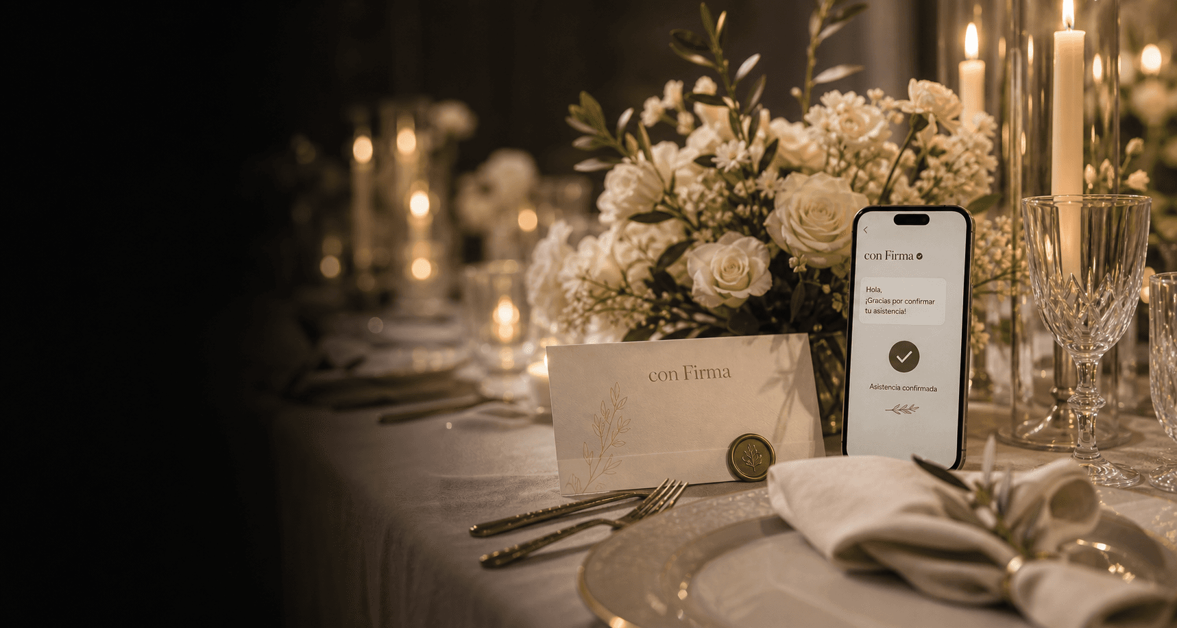 Mesa de evento privado con velas, flores, invitacion y confirmacion movil